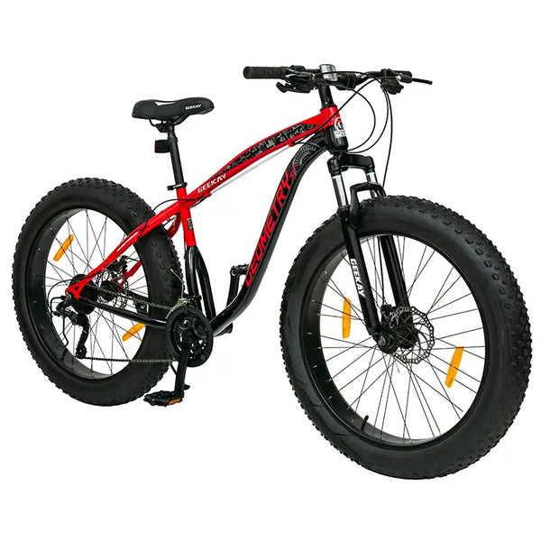 A red and black mountain bike with large tires and a steel frame, featuring dual disc brakes and microshift gears.