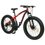 A red and black mountain bike with large tires and a steel frame, featuring dual disc brakes and microshift gears.